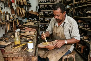 Sapateiro colando sola descolada de um calçado em Santana.