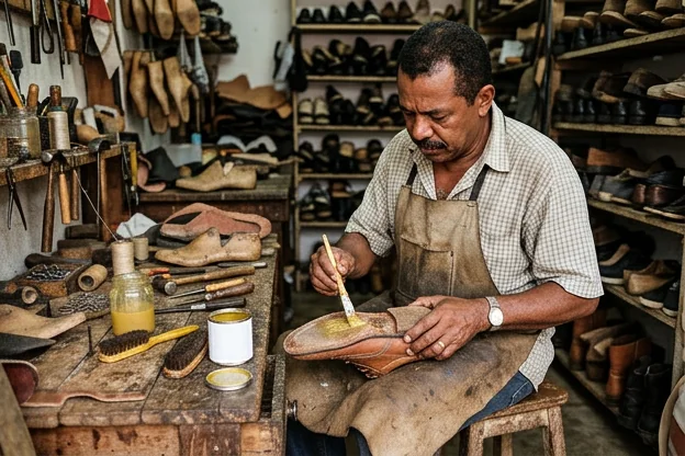 Sapateiro colando sola descolada de um calçado em Santana.