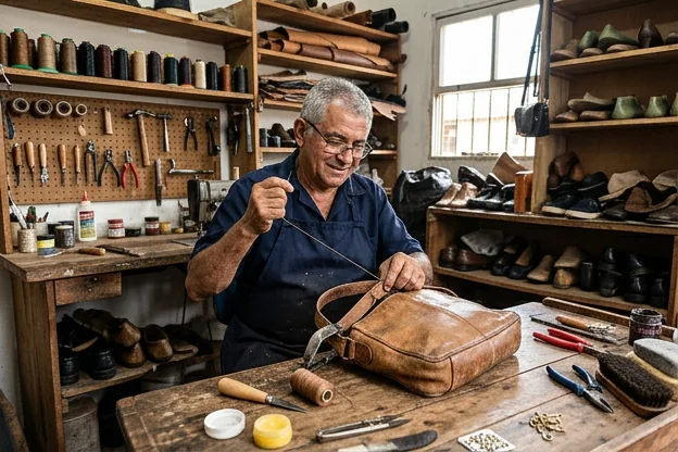 Sapateiro reformando uma bolsa de couro em Santana.