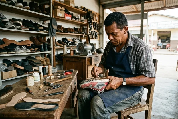 Sapateiro em Santana realizando reparo em um tênis.