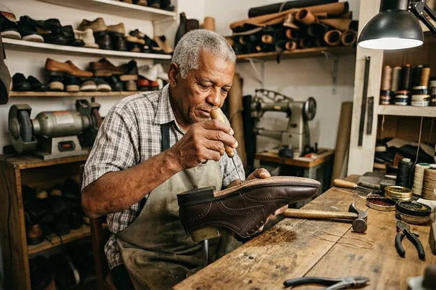 Sapateiro em Santana reformando um sapato social.