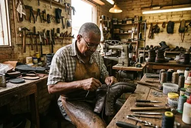 Sapateiro em Santana consertando o zíper de uma bota.