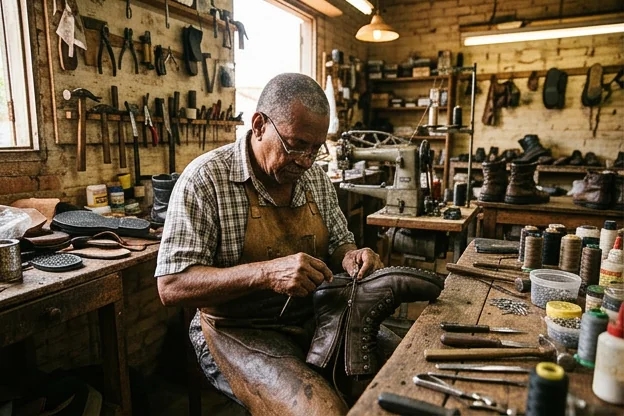 Sapateiro em Santana consertando o zíper de uma bota.