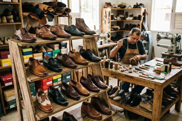 Vários modelos de sapatos sociais expostos prontos para venda em Santana.